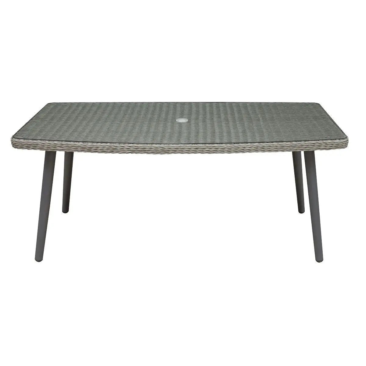 Dellonda Buxton Rattan Wicker Outdoor Dining Table with Clear Tempered Glass Top, Grey White Rose Tools