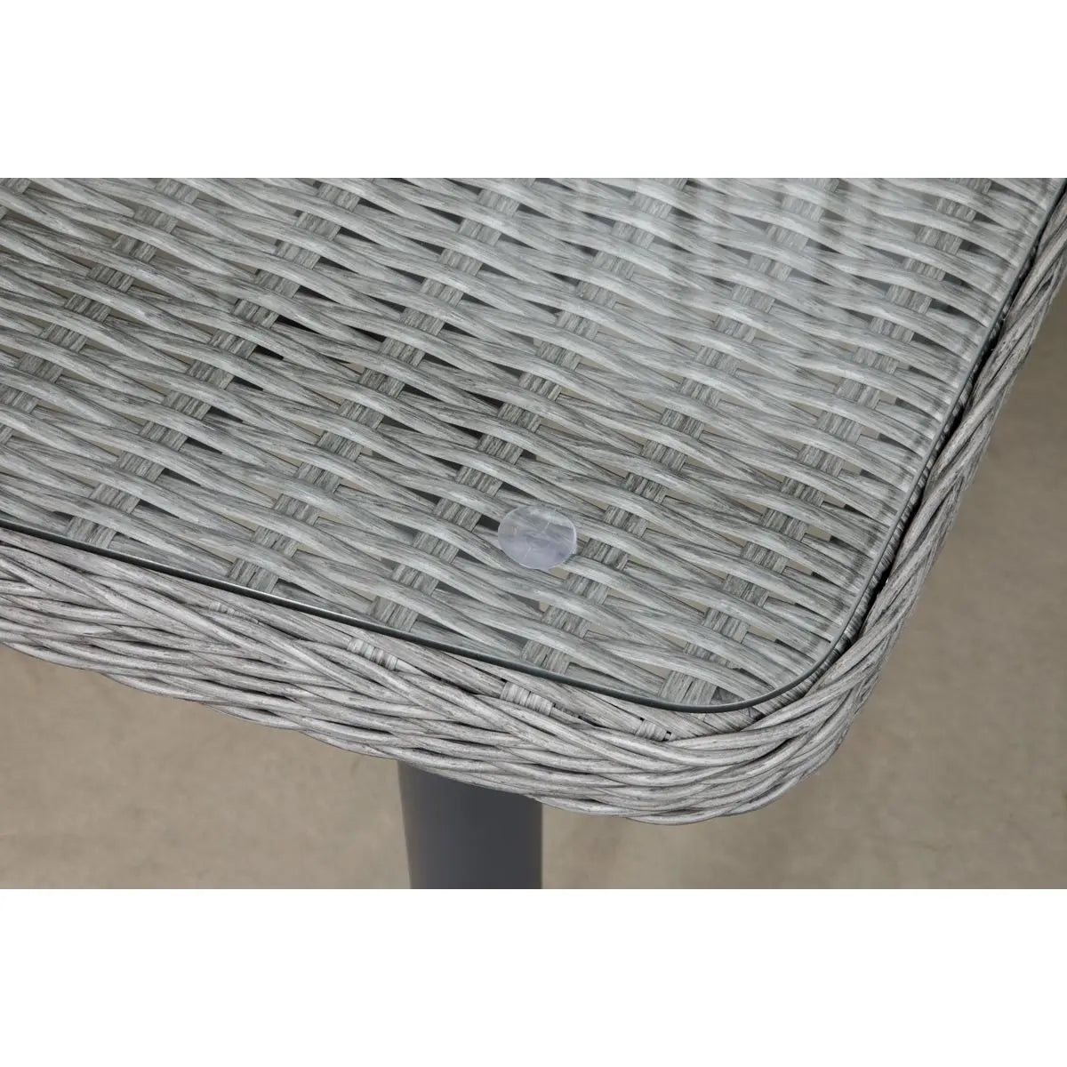 Dellonda Buxton Rattan Wicker Outdoor Dining Table with Clear Tempered Glass Top, Grey White Rose Tools