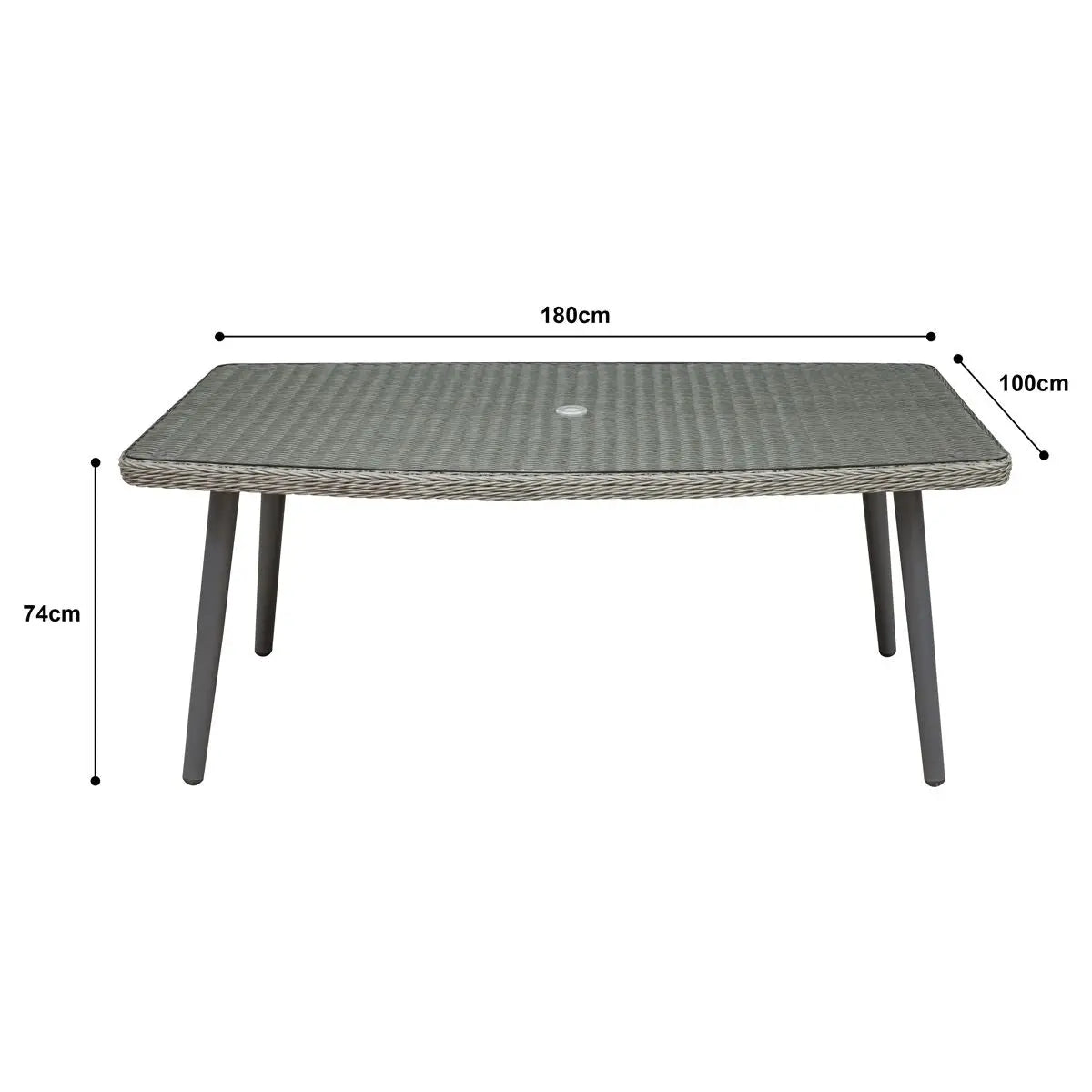 Dellonda Buxton Rattan Wicker Outdoor Dining Table with Clear Tempered Glass Top, Grey White Rose Tools