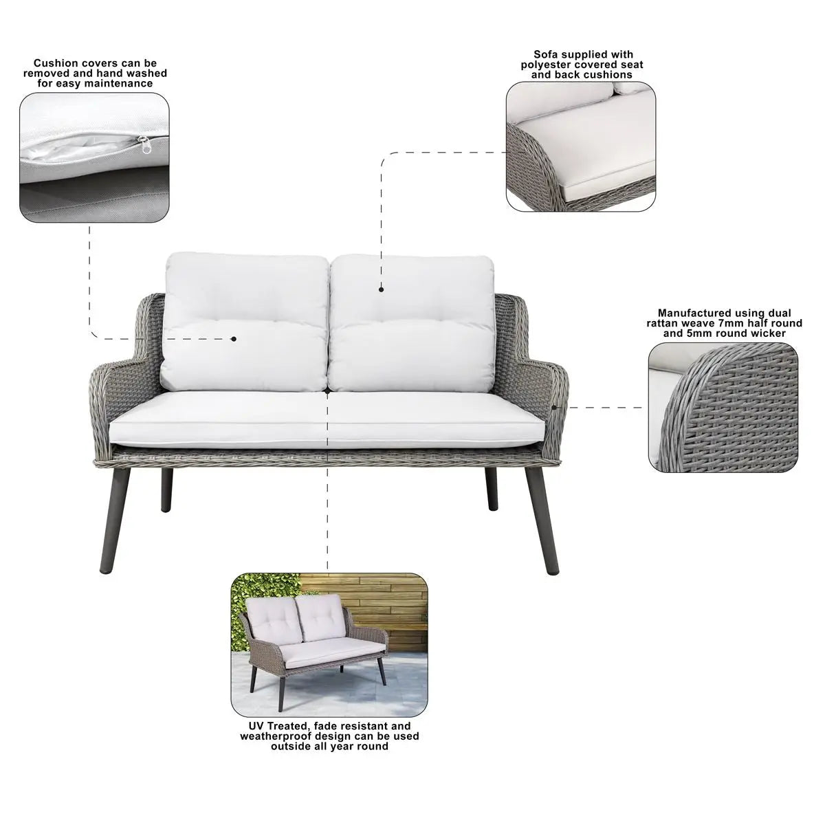 Dellonda Buxton Rattan Wicker Outdoor Lounge 2-Seater Sofa with Cushion, Grey White Rose Tools