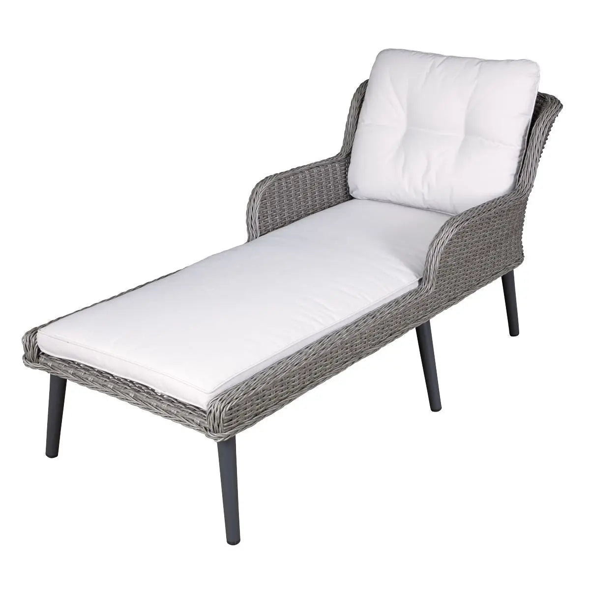 Dellonda Buxton Rattan Wicker Sun Lounger with Armrests Washable Cushions, Grey White Rose Tools