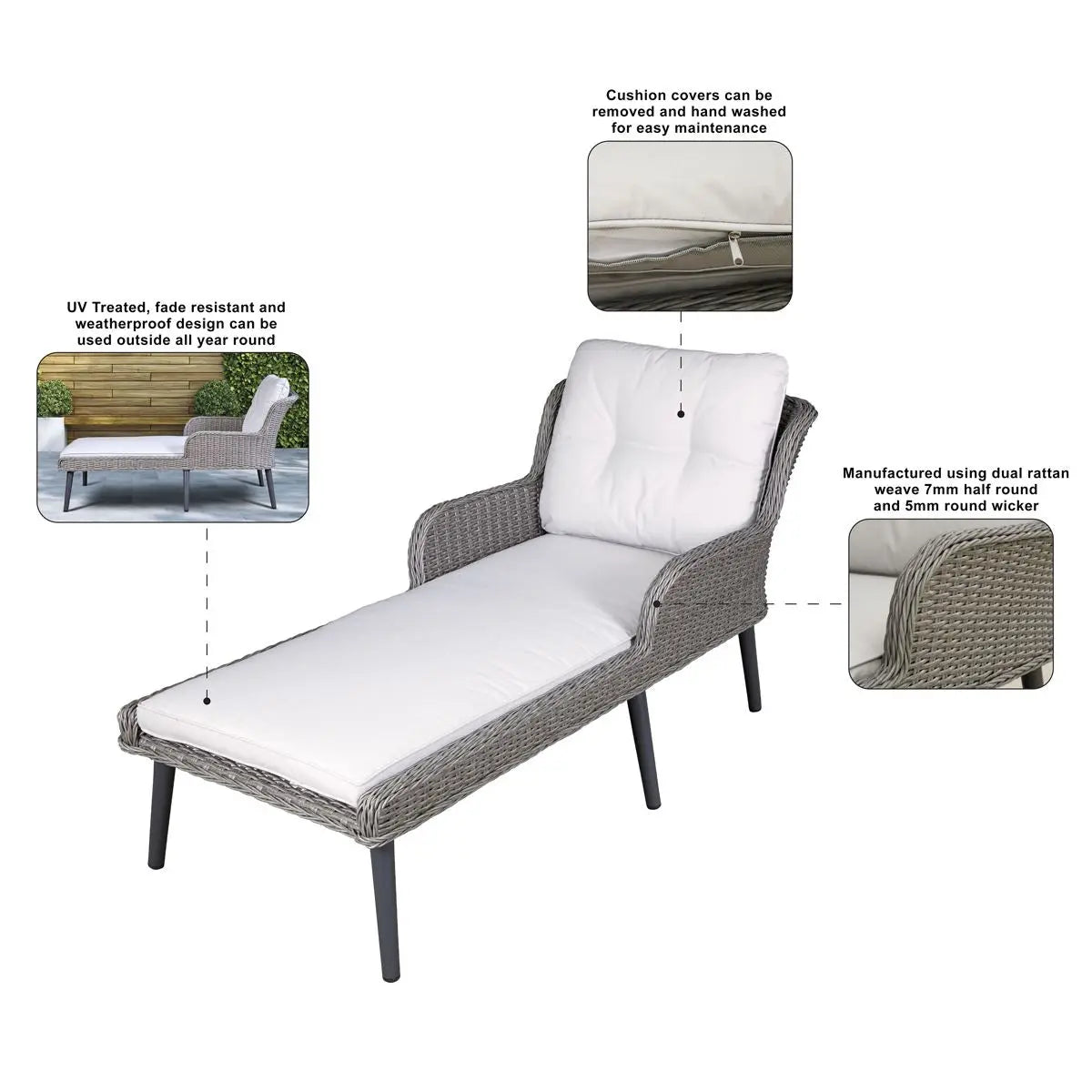 Dellonda Buxton Rattan Wicker Sun Lounger with Armrests Washable Cushions, Grey White Rose Tools