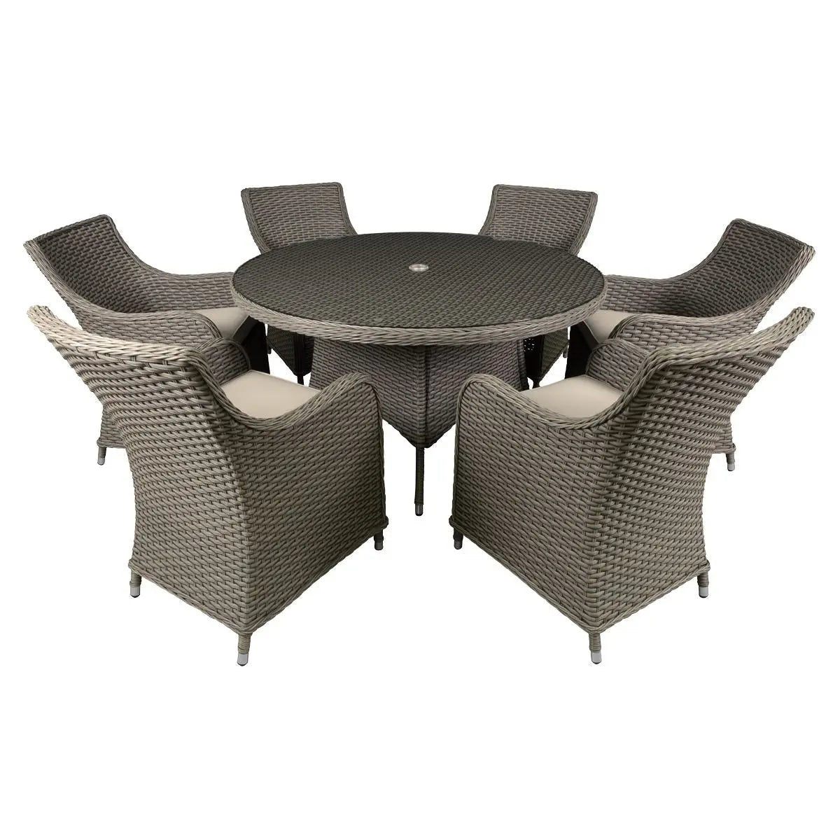 Dellonda Chester 7 Piece Rattan Wicker Outdoor Dining Set with Tempered Glass Table Top, Brown White Rose Tools