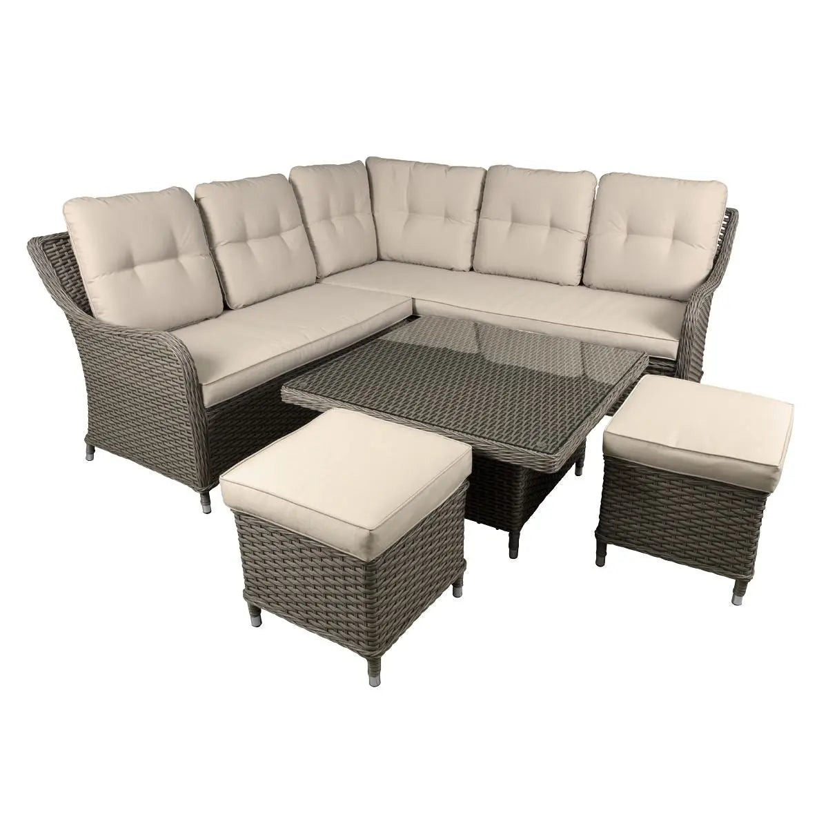 Dellonda Chester Outdoor Rattan Wicker Corner Sofa & Adjustable Table Set, Brown White Rose Tools