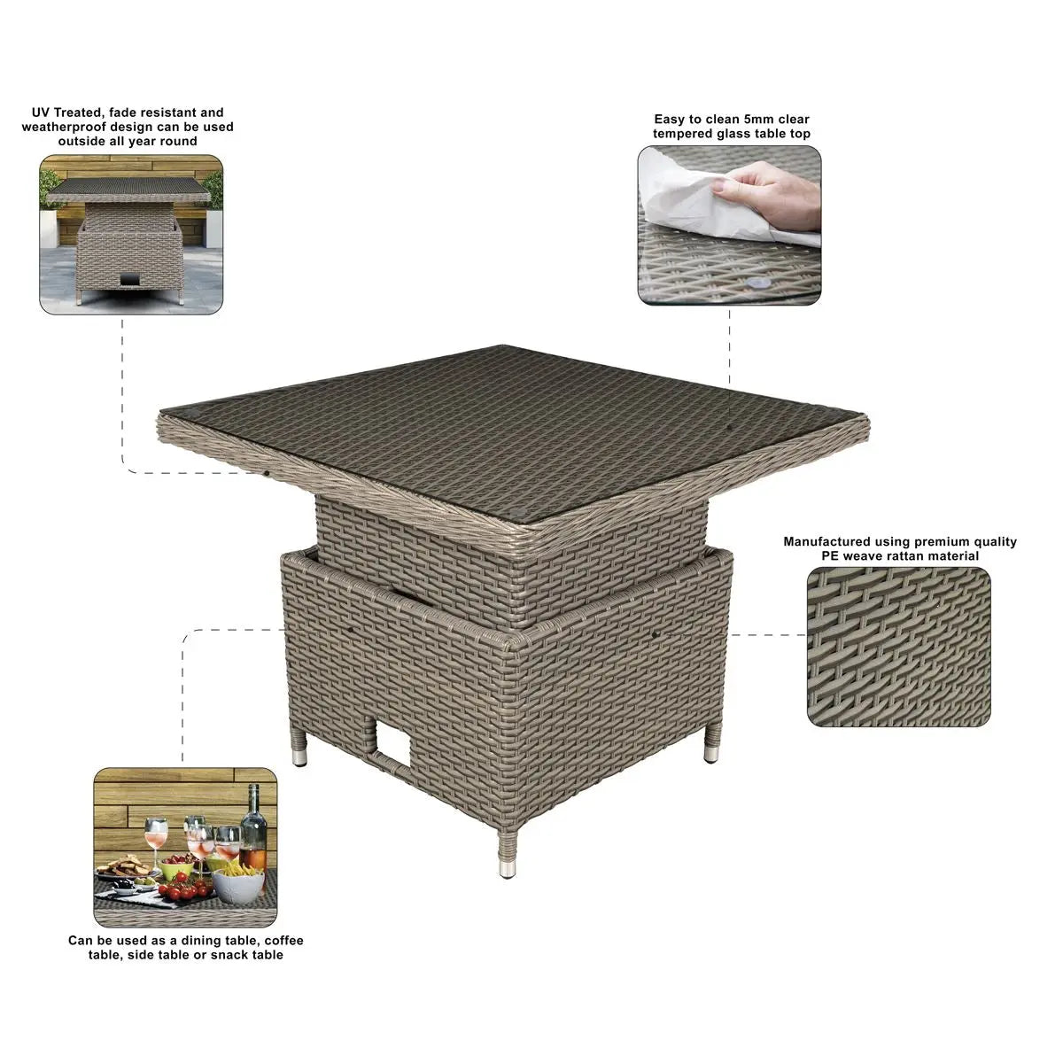 Dellonda Chester Rattan Wicker Adjustable Outdoor Dining Table, Brown  White Rose Tools