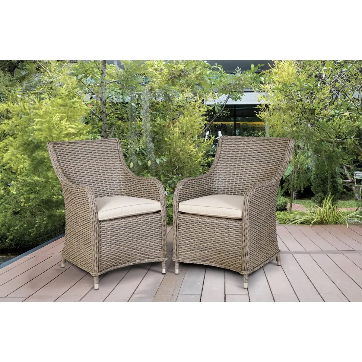 Dellonda Chester Rattan Wicker Garden Dining Chairs with Cushion, Brown White Rose Tools