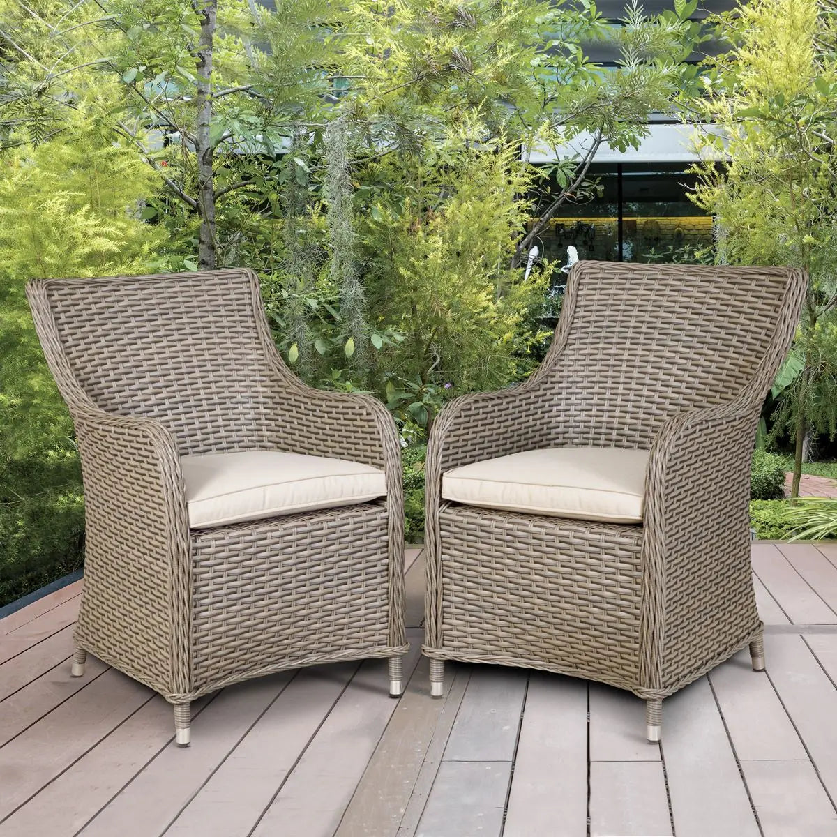 Dellonda Chester Rattan Wicker Garden Dining Chairs with Cushion, Brown White Rose Tools