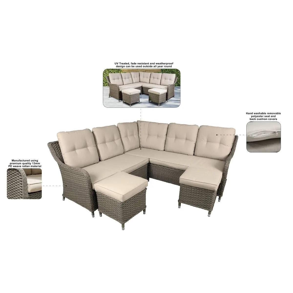 Dellonda Chester Rattan Wicker Outdoor 5 Seat Corner Sofa Set, Brown White Rose Tools