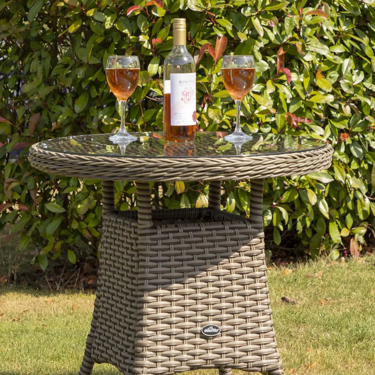 Dellonda Chester Rattan Wicker Outdoor Bistro Table with Tempered Glass Top, Brown White Rose Tools