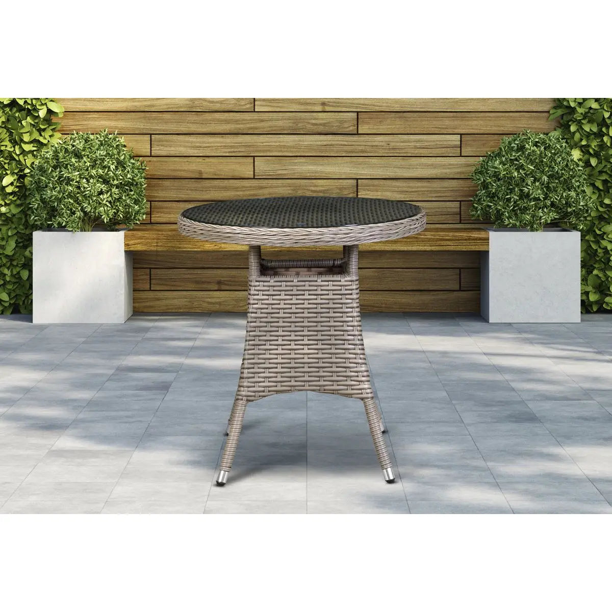 Dellonda Chester Rattan Wicker Outdoor Bistro Table with Tempered Glass Top, Brown White Rose Tools