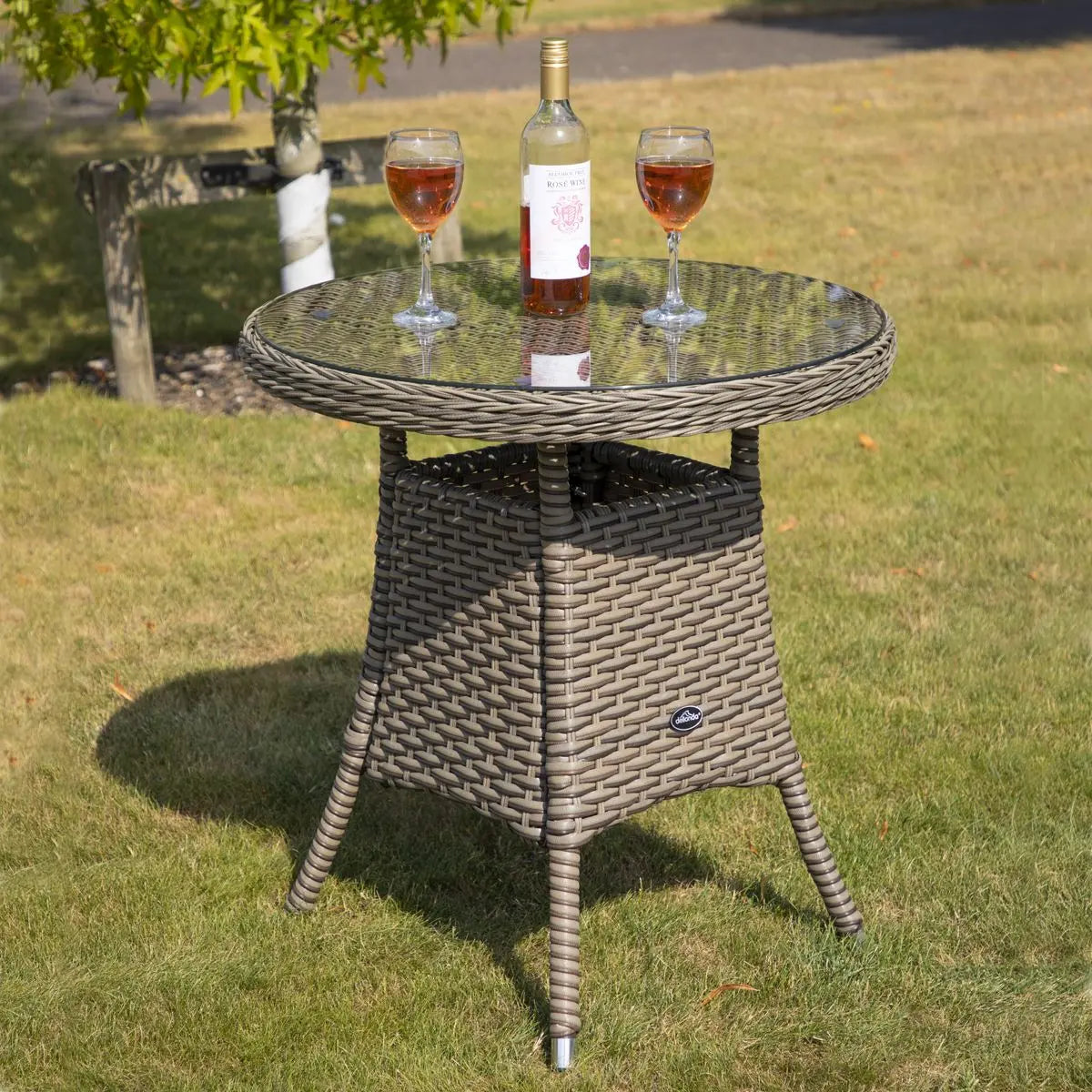 Dellonda Chester Rattan Wicker Outdoor Bistro Table with Tempered Glass Top, Brown White Rose Tools