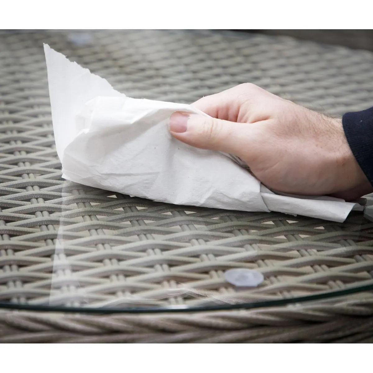 Dellonda Chester Rattan Wicker Outdoor Bistro Table with Tempered Glass Top, Brown White Rose Tools