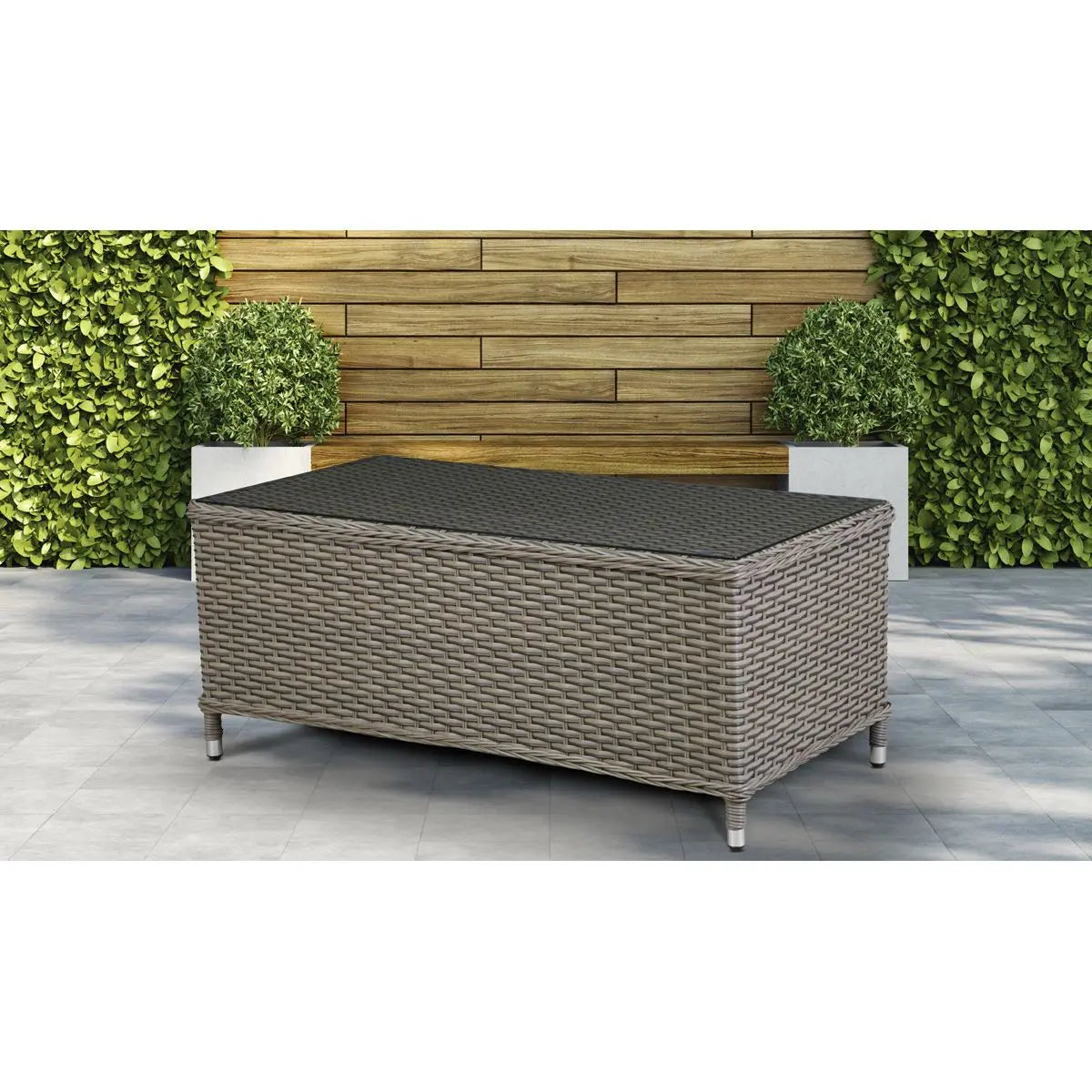 Dellonda Chester Rattan Wicker Outdoor Coffee Table with Tempered Glass Top, Brown White Rose Tools