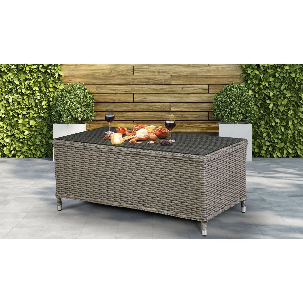 Dellonda Chester Rattan Wicker Outdoor Coffee Table with Tempered Glass Top, Brown White Rose Tools