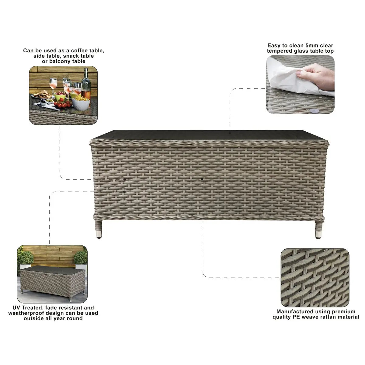 Dellonda Chester Rattan Wicker Outdoor Coffee Table with Tempered Glass Top, Brown White Rose Tools