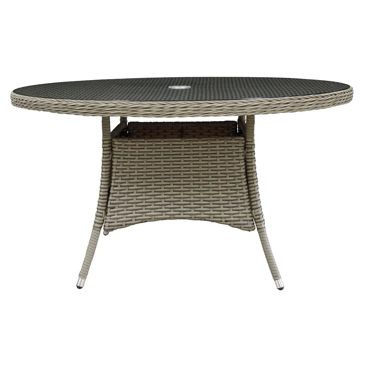 Dellonda Chester Rattan Wicker Outdoor Dining Table with Tempered Glass Top White Rose Tools