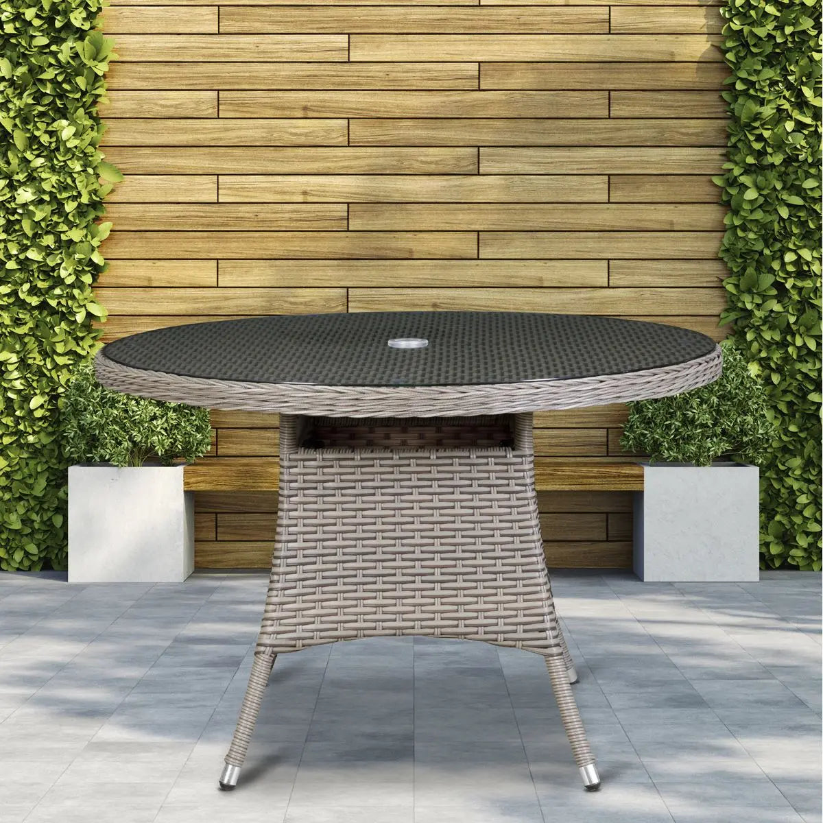 Dellonda Chester Rattan Wicker Outdoor Dining Table with Tempered Glass Top, Brown White Rose Tools