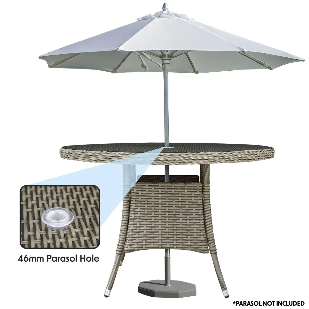 Dellonda Chester Rattan Wicker Outdoor Dining Table with Tempered Glass Top, Brown White Rose Tools