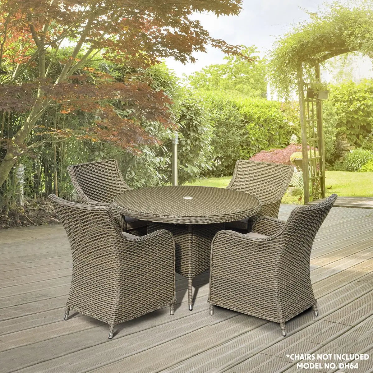 Dellonda Chester Rattan Wicker Outdoor Dining Table with Tempered Glass Top, Brown White Rose Tools