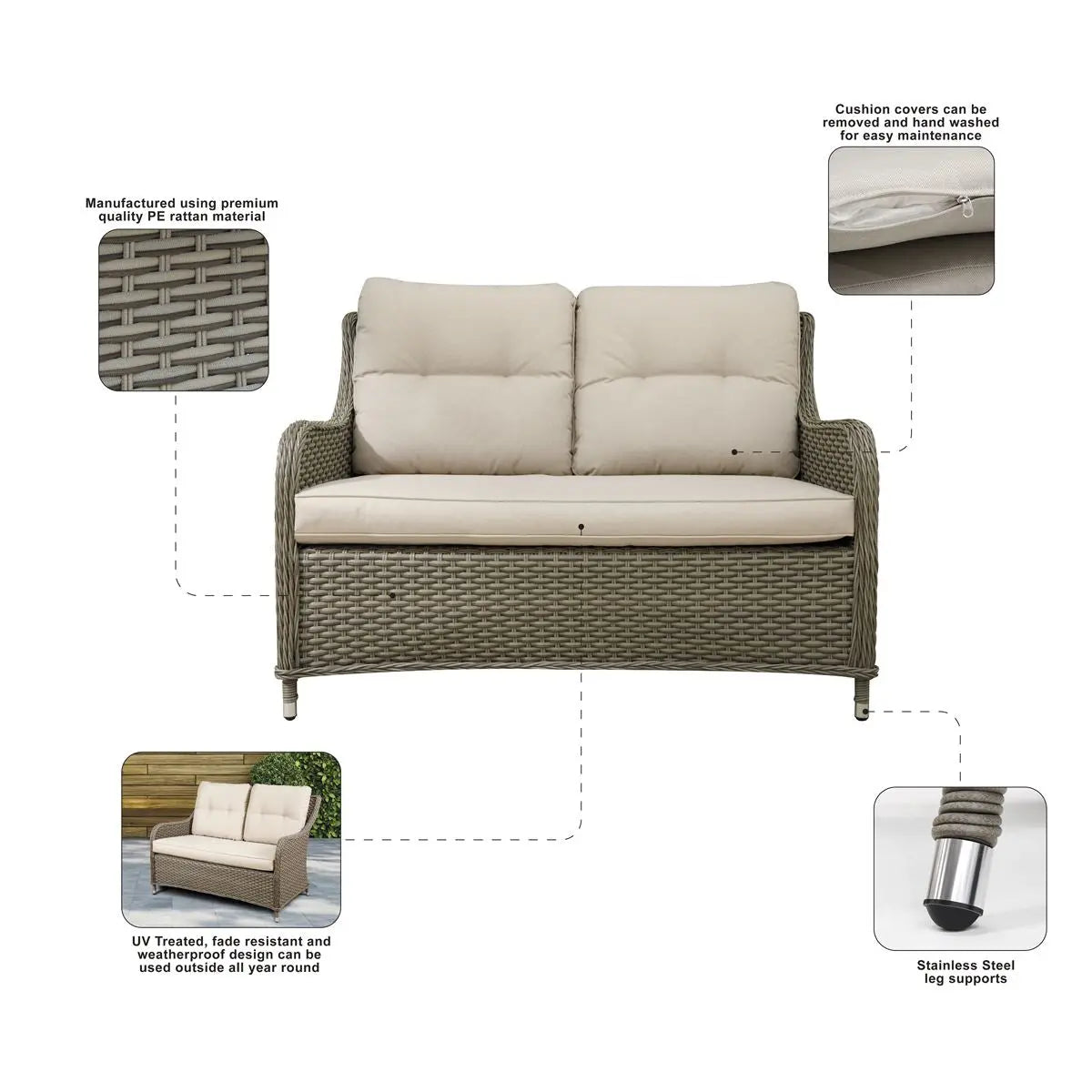 Dellonda Chester Rattan Wicker Outdoor Lounge 2-Seater Sofa with Cushion, Brown White Rose Tools