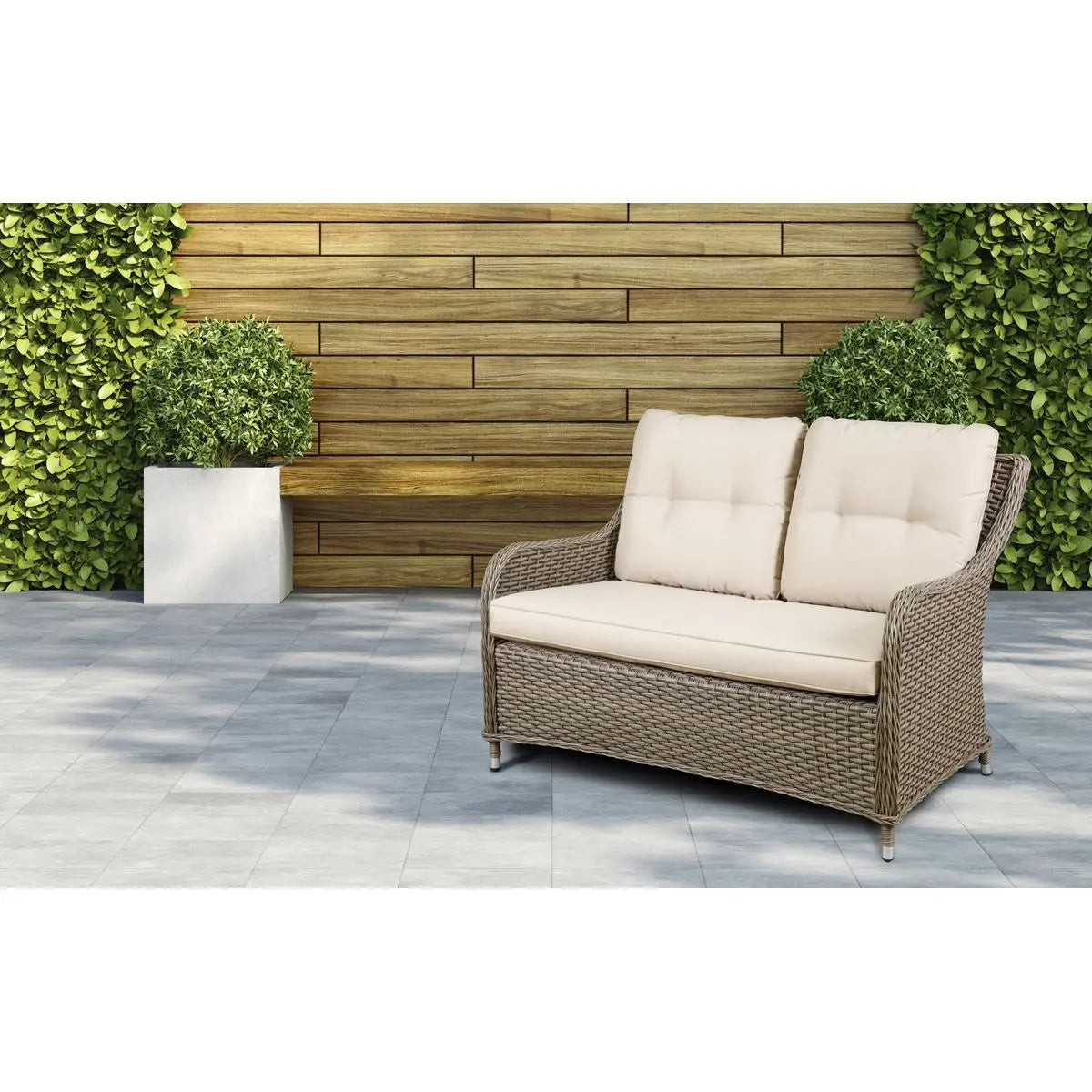 Dellonda Chester Rattan Wicker Outdoor Lounge 2-Seater Sofa with Cushion, Brown White Rose Tools