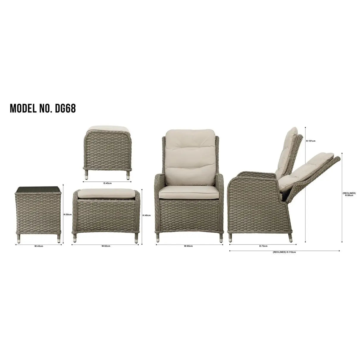 Dellonda Chester Rattan Wicker Outdoor Recliner Seat & Coffee Table Set, Brown White Rose Tools