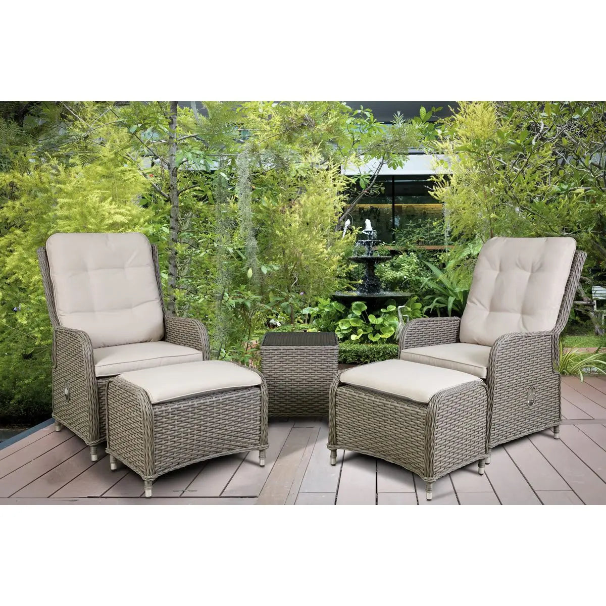Dellonda Chester Rattan Wicker Outdoor Recliner Seat & Coffee Table Set, Brown White Rose Tools