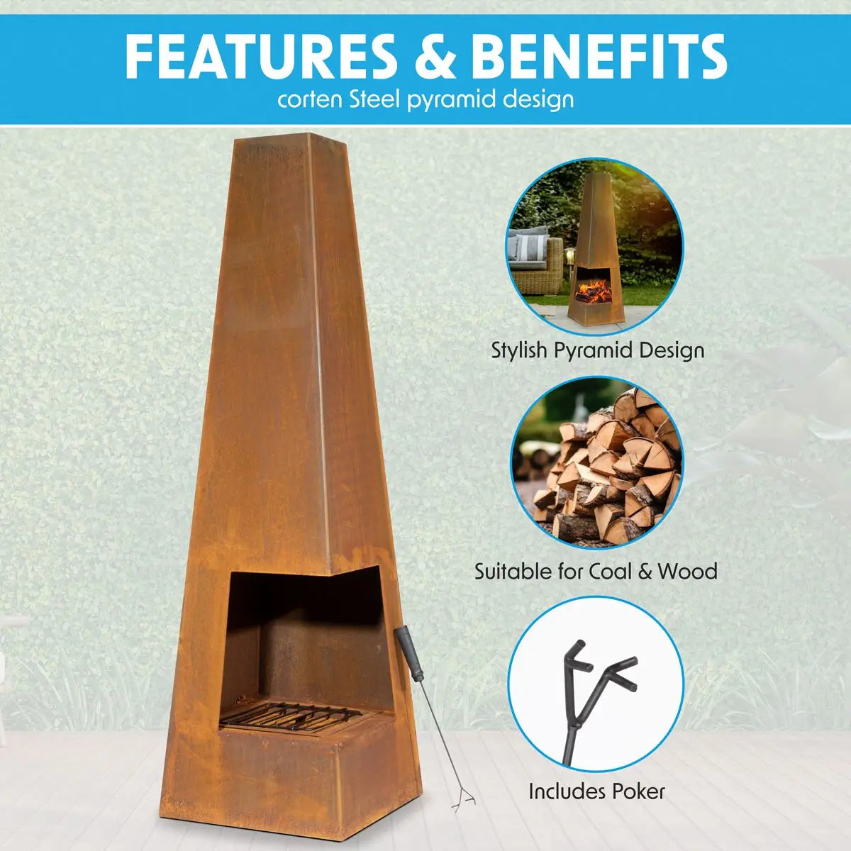 Dellonda Chiminea, Wood Burner, Heater for Outdoors W45cm x H150cm, Corten Steel  White Rose Tools