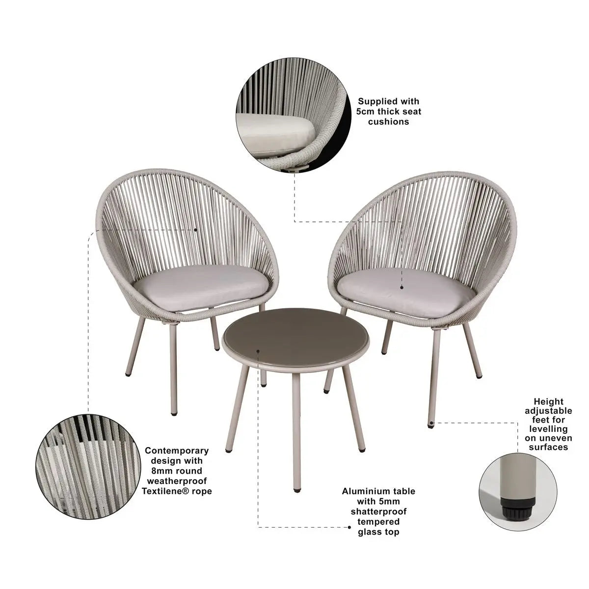 Dellonda Como 3-Piece Steel Bistro Set with Tempered Glass Top White Rose Tools