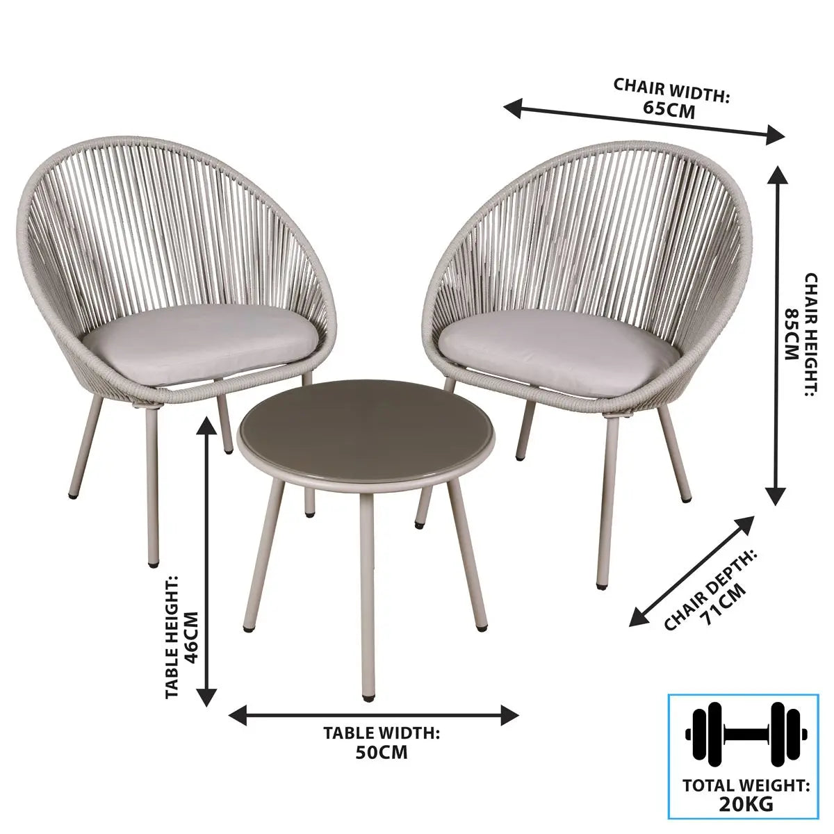 Dellonda Como 3-Piece Steel Bistro Set with Tempered Glass Top White Rose Tools