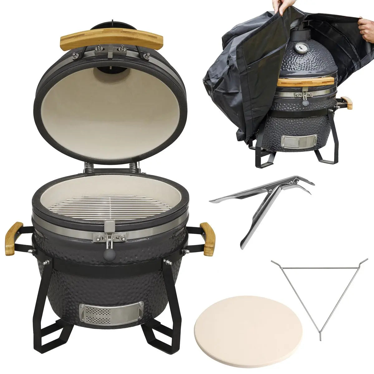 Dellonda Deluxe 16"(40cm) Ceramic Kamado Style BBQ Grill/Oven/Smoker, Includes Cover, Grid Gripper, Heat Deflector  White Rose Tools