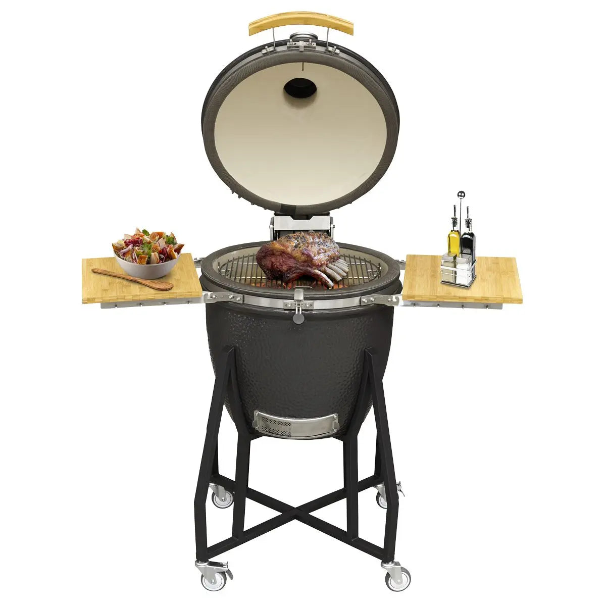 Dellonda Deluxe 22"(56cm) Ceramic Kamado Style BBQ Grill/Oven/Smoker, Supplied with Wheeled Stand White Rose Tools