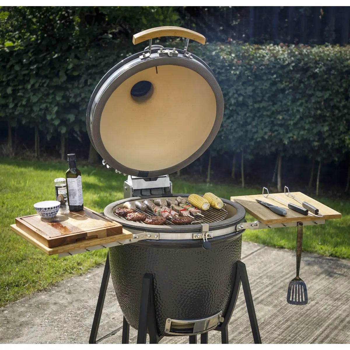 Dellonda Deluxe 22"(56cm) Ceramic Kamado Style BBQ Grill/Oven/Smoker, Supplied with Wheeled Stand White Rose Tools