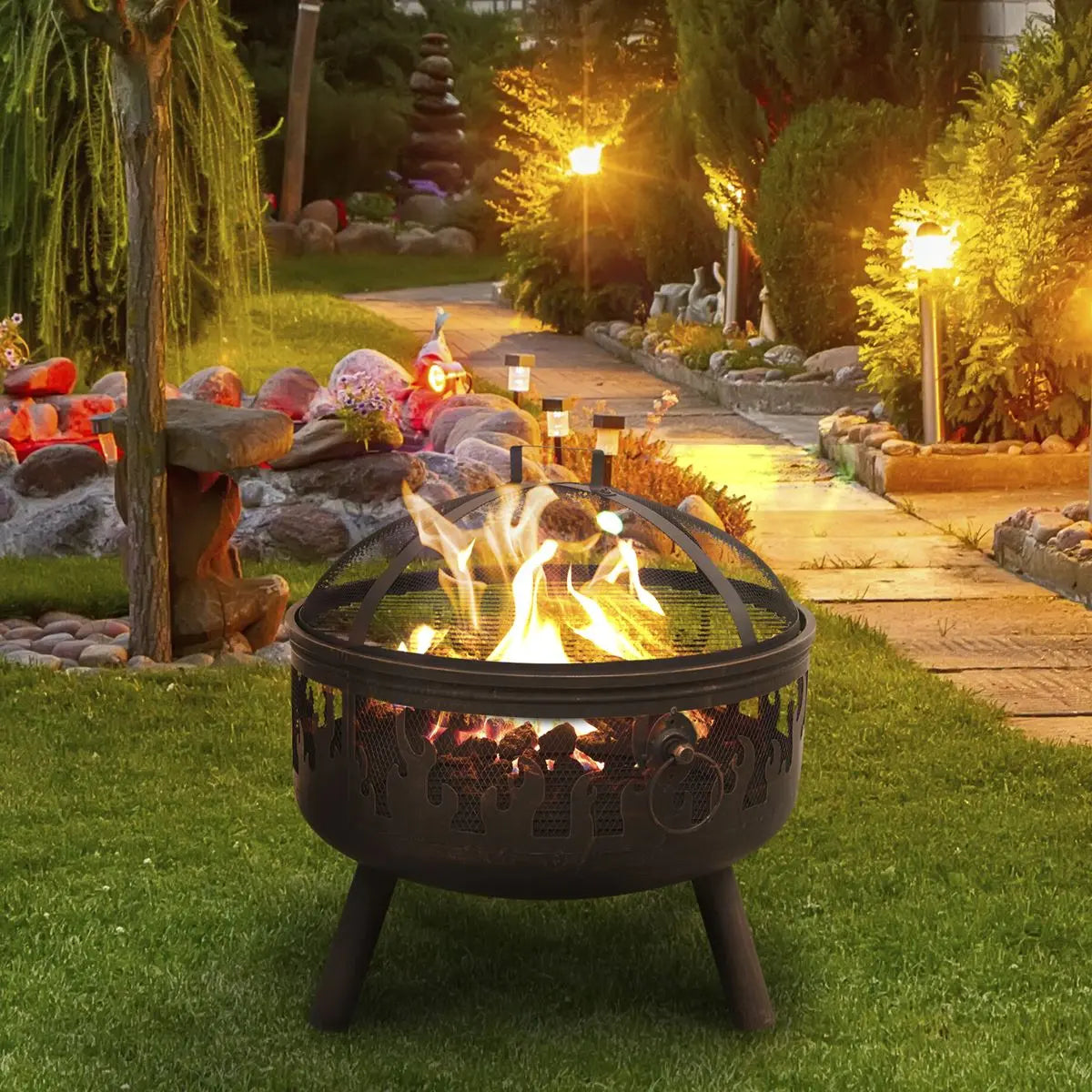 Dellonda Deluxe Firepit Fireplace Outdoor Patio Heater, Cooking Grill & Poker White Rose Tools
