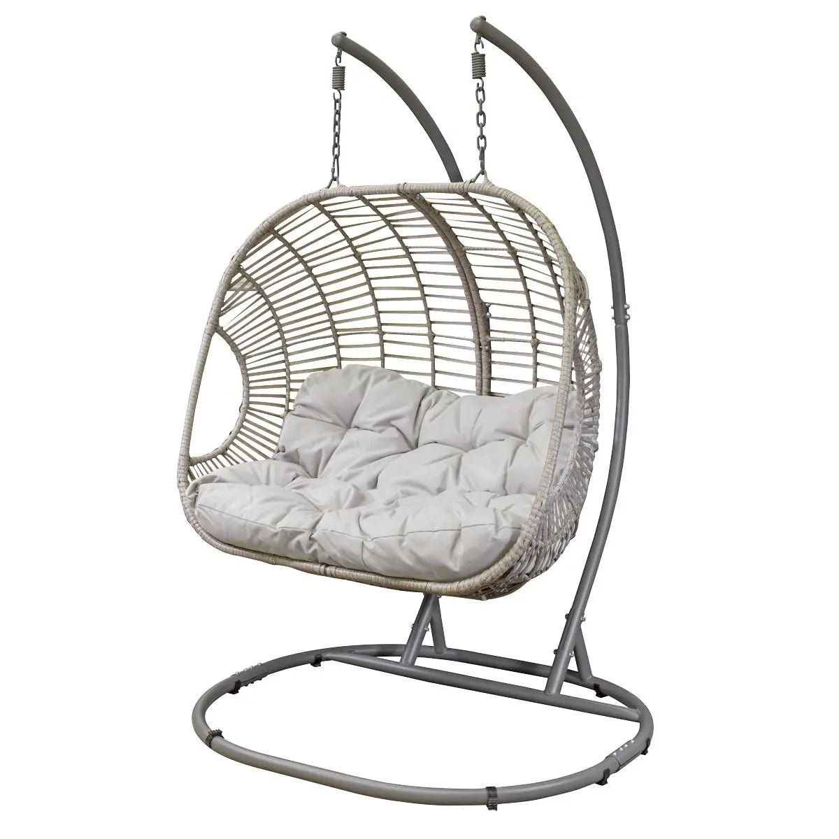 Dellonda Egg Hanging Swing Chair, Wicker Rattan Basket, Steel Frame, Double White Rose Tools
