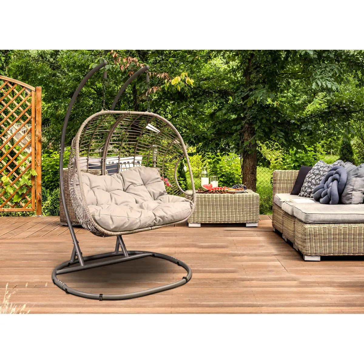 Dellonda Egg Hanging Swing Chair, Wicker Rattan Basket, Steel Frame, Double White Rose Tools