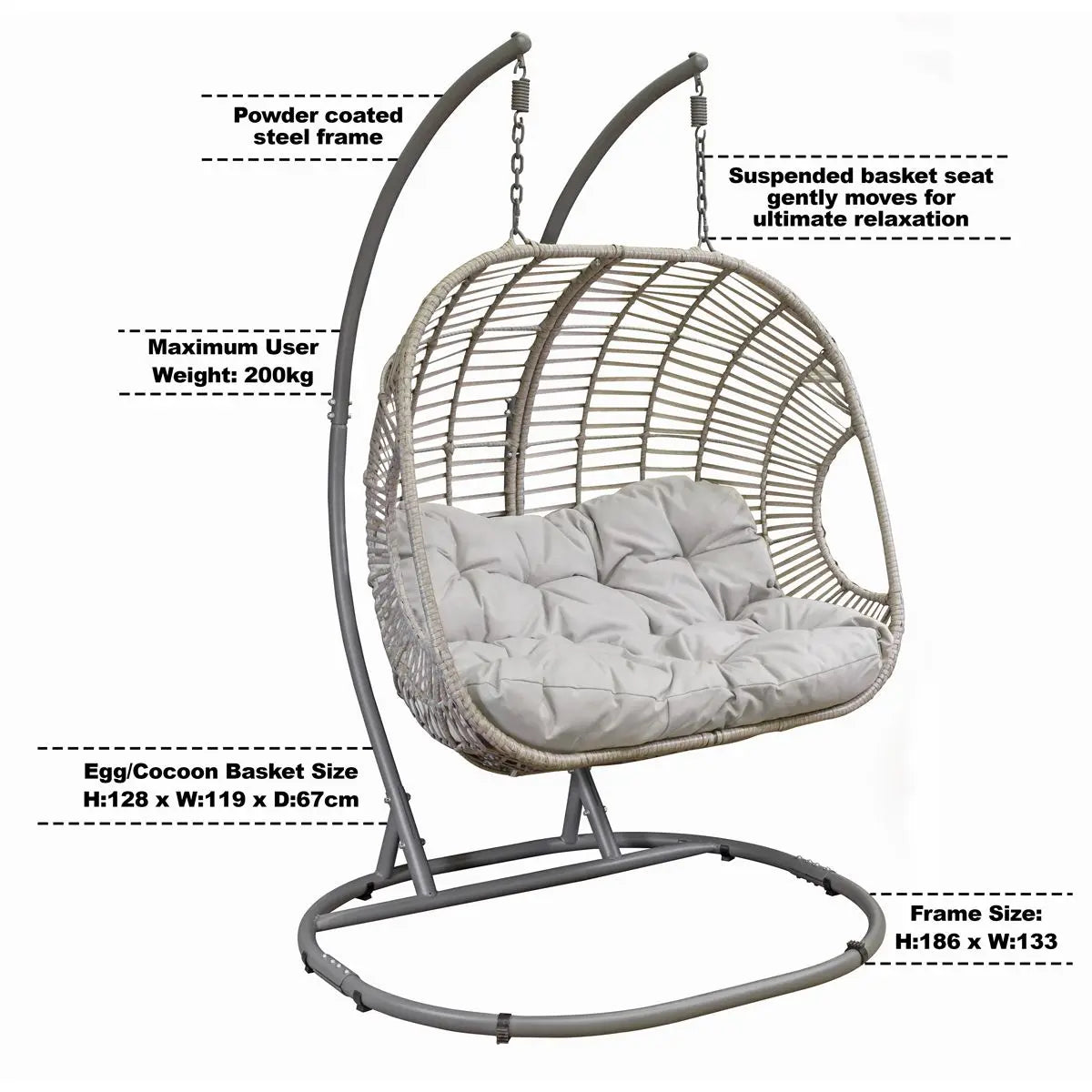 Dellonda Egg Hanging Swing Chair, Wicker Rattan Basket, Steel Frame, Double White Rose Tools