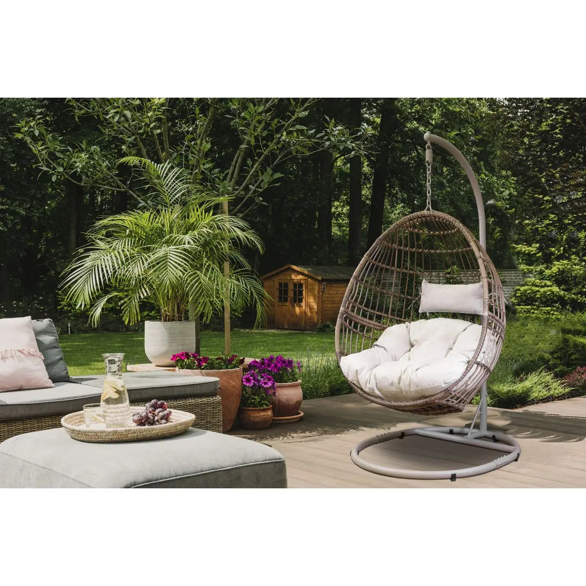 Dellonda Egg Hanging Swing Chair, Wicker Rattan Basket, Steel Frame, Single White Rose Tools