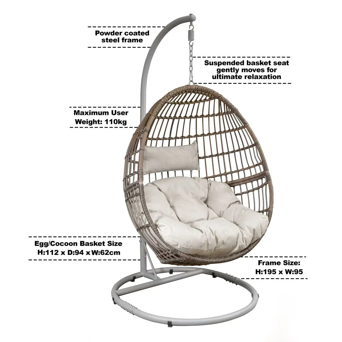 Dellonda Egg Hanging Swing Chair, Wicker Rattan Basket, Steel Frame, Single White Rose Tools