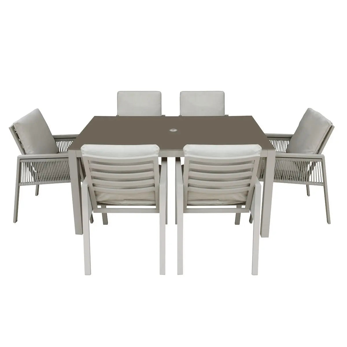 Dellonda Fusion 7 Piece Outdoor Dining Set with Weatherproof Aluminium Frame, Light Grey White Rose Tools