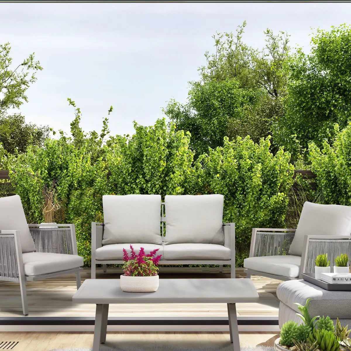 Dellonda Fusion Aluminium 4-Piece Outdoor Sofa, Arm Chairs & Coffee Table Set White Rose Tools