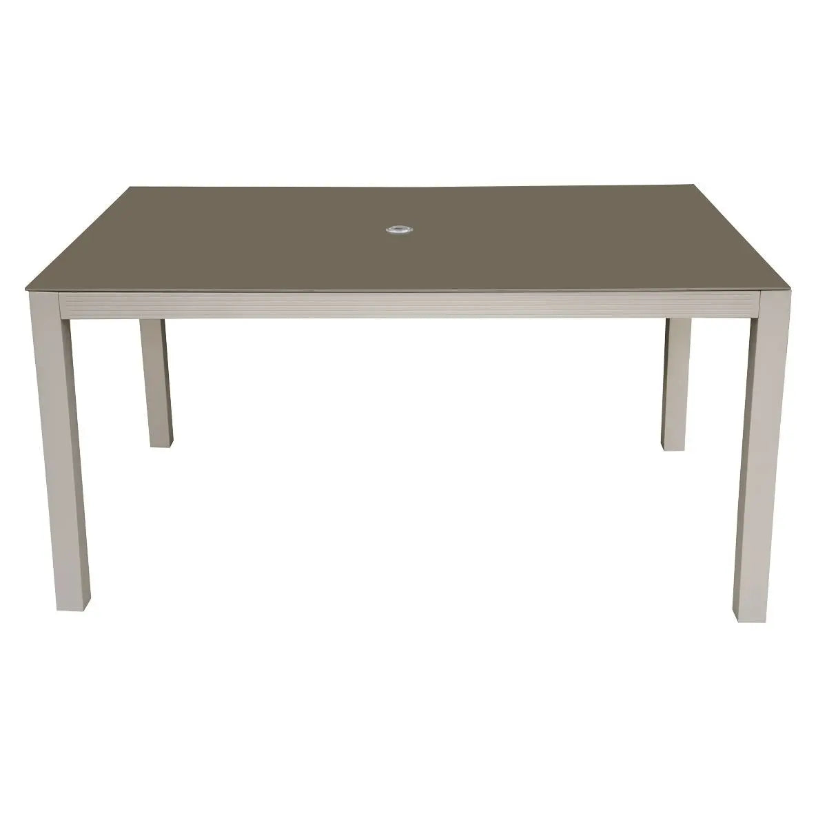 Dellonda Fusion Aluminium Glass Garden Dining Table with Parasol Hole, Light Grey White Rose Tools