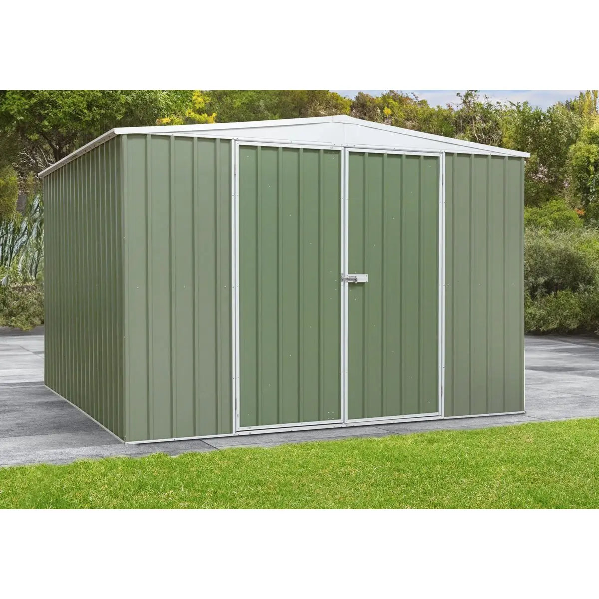 Dellonda Galvanised Steel Metal Garden/Outdoor/Storage Shed, 10FT x 10FT, Apex Style Roof - Green White Rose Tools
