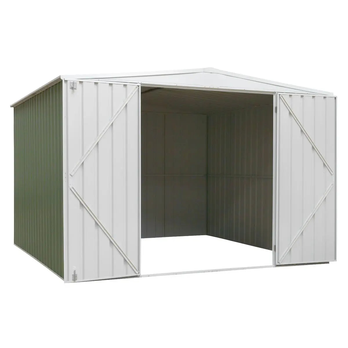 Dellonda Galvanised Steel Metal Garden/Outdoor/Storage Shed, 10FT x 10FT, Apex Style Roof - Green White Rose Tools