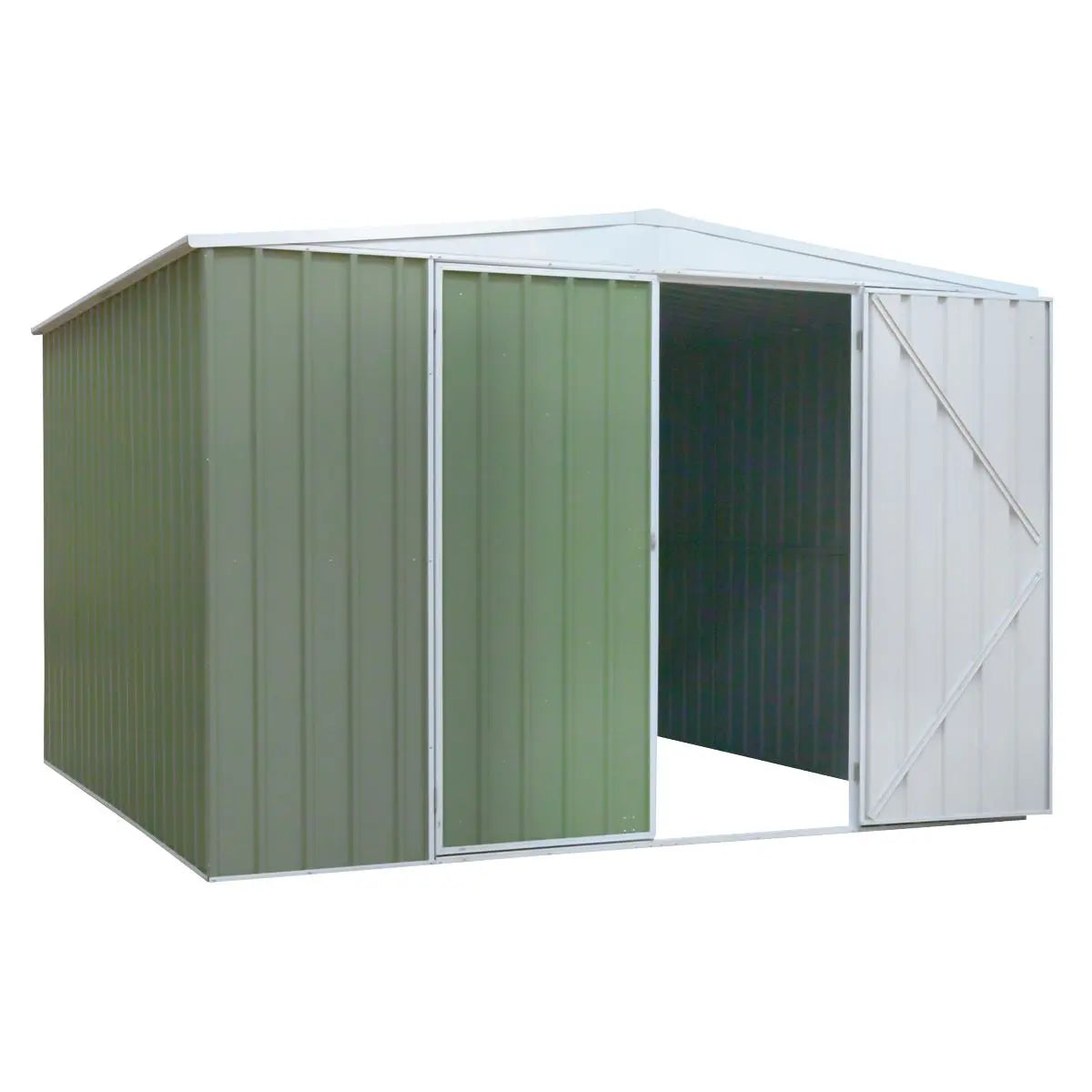 Dellonda Galvanised Steel Metal Garden/Outdoor/Storage Shed, 10FT x 10FT, Apex Style Roof - Green White Rose Tools