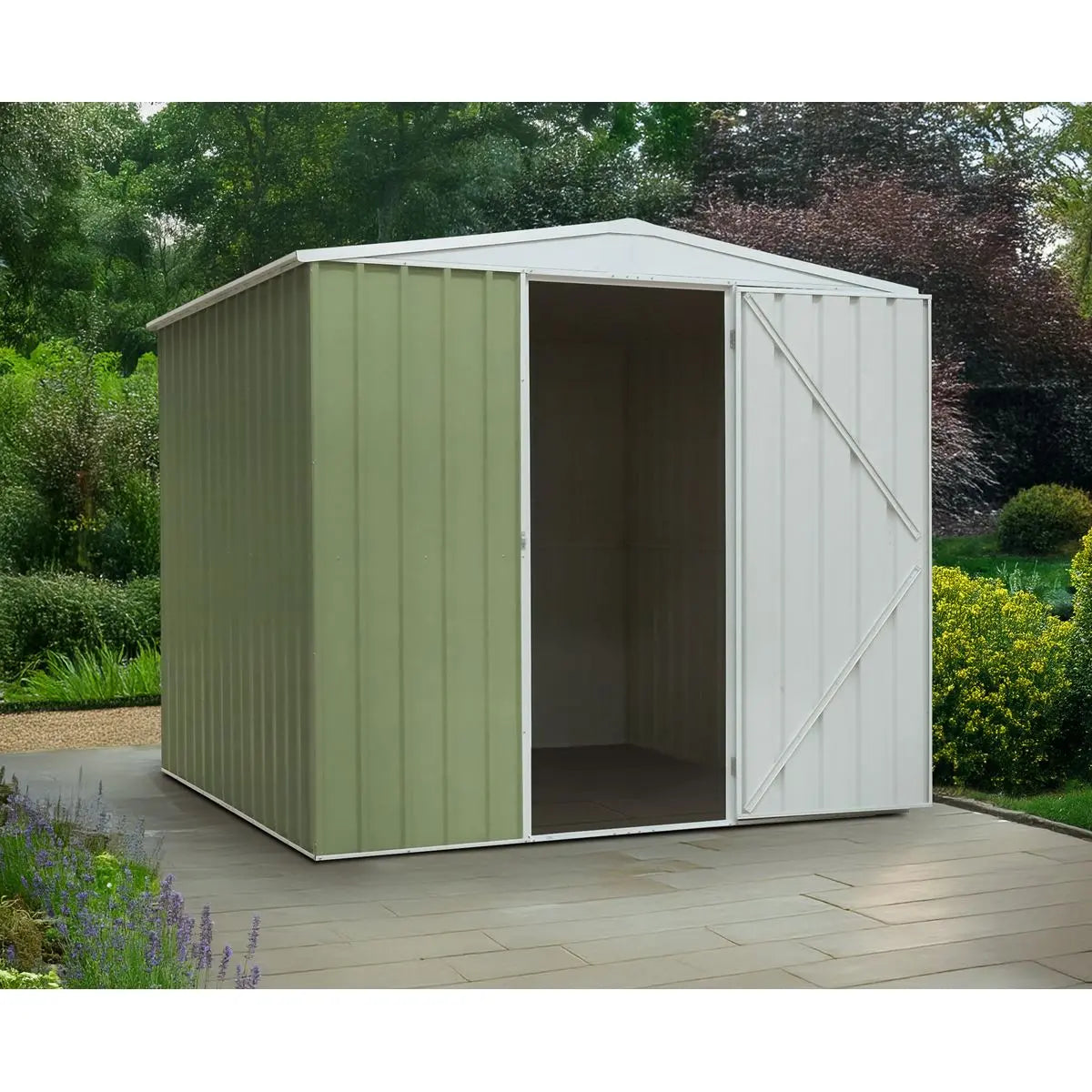 Dellonda Galvanised Steel Metal Garden/Outdoor/Storage Shed, 7.5FT x 7.5FT, Apex Style Roof - Green White Rose Tools