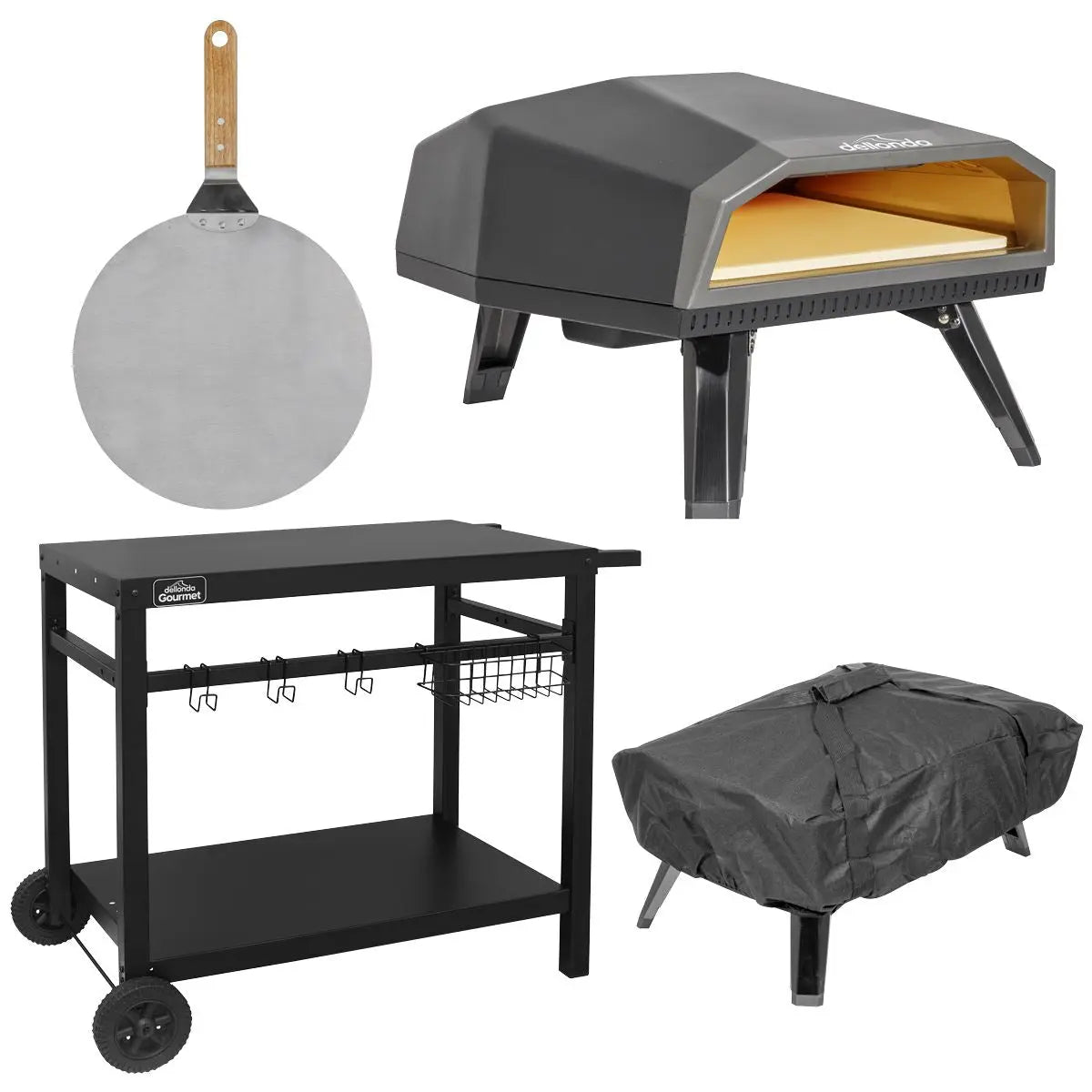Dellonda Gas Pizza Oven with Gas Regulator, Water-Resistant Cover, 12" Pizza Peel & Plancha/BBQ Trolley White Rose Tools
