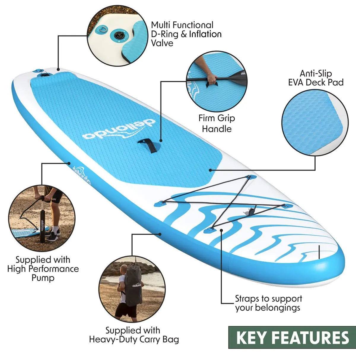 Dellonda Inflatable Stand Up Paddle Board 10'6" - Blue/White  White Rose Tools