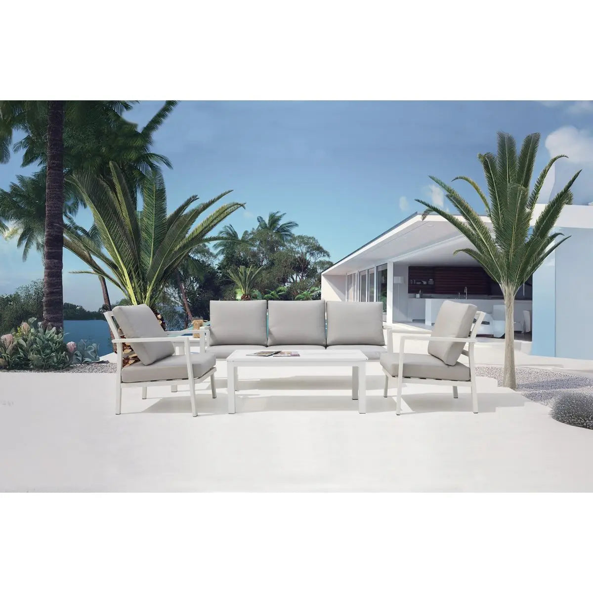 Dellonda Kyoto 4-Piece Aluminium Outdoor Garden Sofa Arm Chair Coffee Table Set White Rose Tools