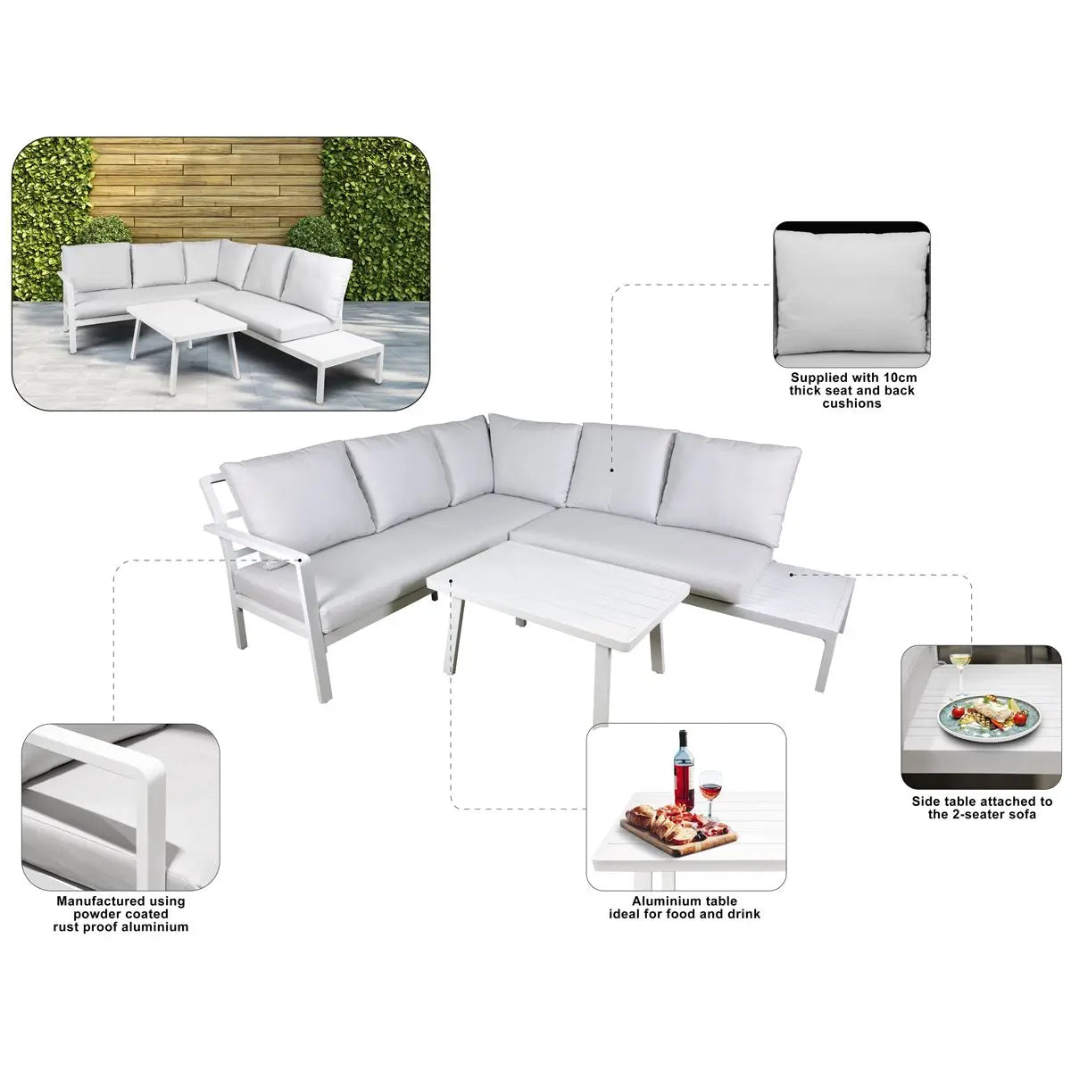 Dellonda Kyoto White 3-Piece Outdoor Garden Corner Sofa & Coffee Table Set  White Rose Tools